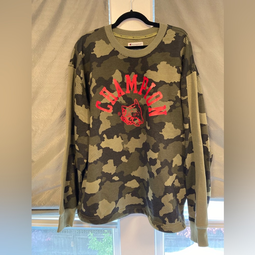 Champion Men’s Olive Green Camo Crewneck with Red Lettering, Size XL